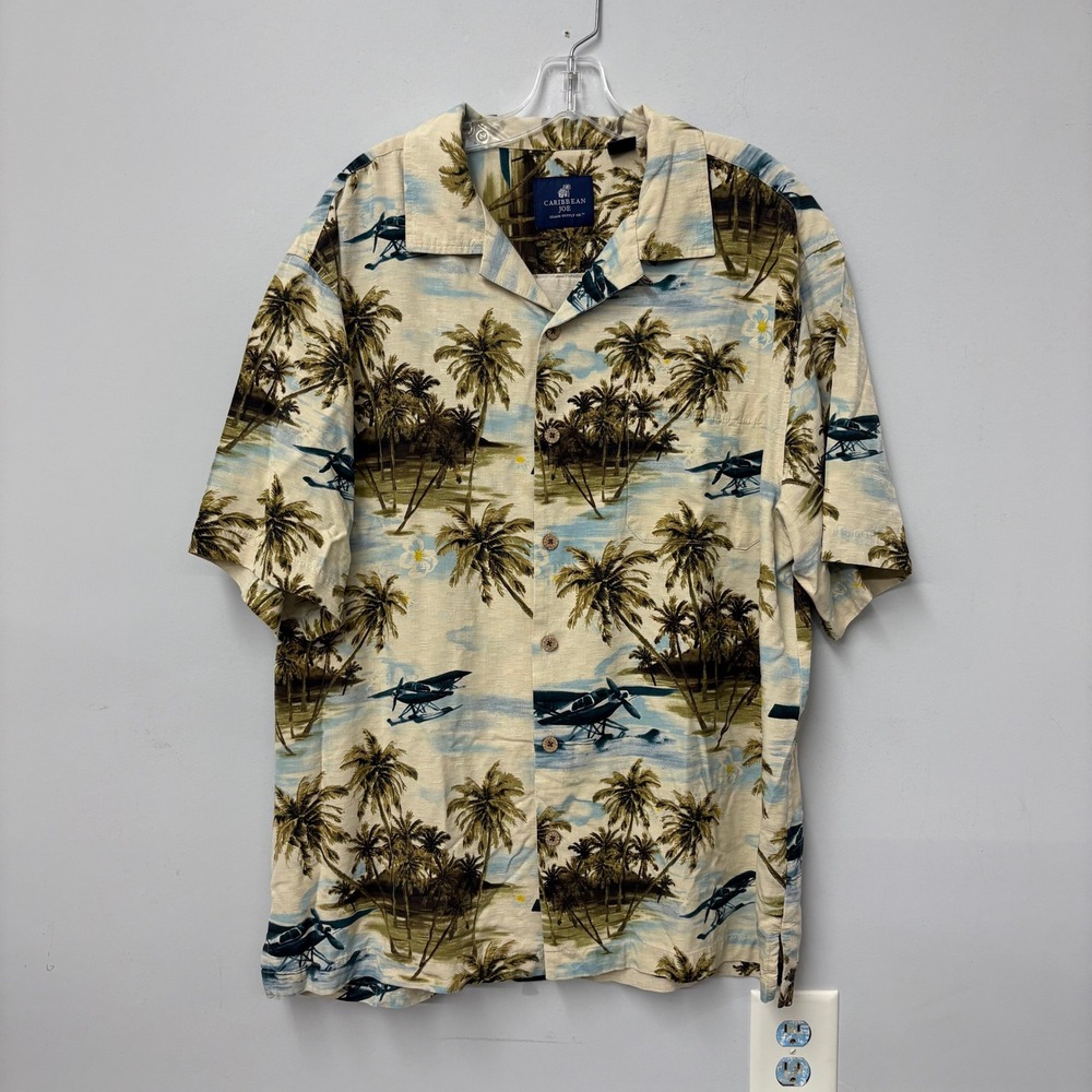 Caribbean Joe Mens XL Silk Hawaiian Shirt Seaplane Palm Tree Tropical Camp Cream
